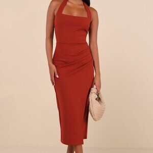Lulus Prominent Charm Rust Brown Halter Bodycon Tulip Midi Dress - Size M
